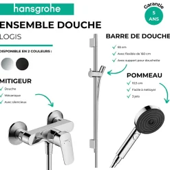 Pack mitigeur douche mécanique HANSGROHE Logis + Barre Unica S Puro + flexible + Pommeau Pulsify Select 3 jets chromé