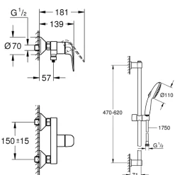 Pack mitigeur douche mécanique GROHE Swift 2023 + Ensemble de douche 2 jets avec barre Chromé