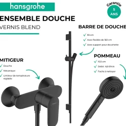 Pack mitigeur douche mécanique HANSGROHE Vernis Blend + Barre Unica S Puro + flexible + Pommeau Pulsify Select 3 jets noir mat
