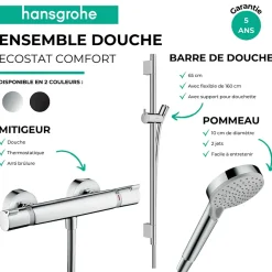 Pack mitigeur douche thermostatique HANSGROHE Ecostat Comfort + Barre Unica S Puro + flexible+ Pommeau Vernis Blend Vario noir mat