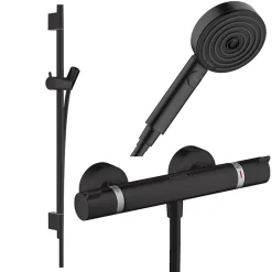 Pack mitigeur douche thermostatique HANSGROHE Ecostat Comfort + Barre Unica + flexible + Pommeau Pulsify Select 3 jets noir mat
