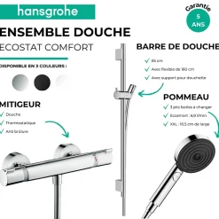 Pack mitigeur douche thermostatique HANSGROHE Ecostat Comfort + Barre Unica + flexible + Pommeau Pulsify Select 3 jets noir mat