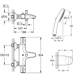 Pack mitigeur Thermostatique bain douche GROHE Precision Start + Douchette 2 jets Vitalio Comfort 110 avec flexible et support