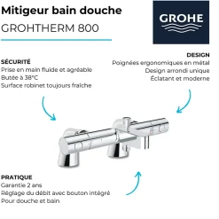 Pack mitigeur thermostatique GROHE Grohtherm 800 avec colonnettes + Douchette 1 jet Vitalio Get Stick + Flexible 1750 mm