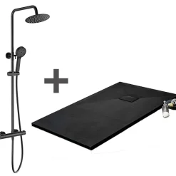 Pack Receveur de douche 90 x 140 cm extra plat noir + Colonne de douche thermostatique