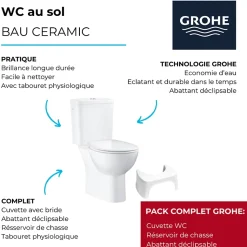 PACK WC avec bride à poser GROHE Bau Ceramic + Tabouret physiologique plastique Blanc