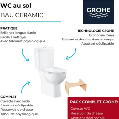 PACK WC avec bride à poser GROHE Bau Ceramic + Tabouret physiologique Bois