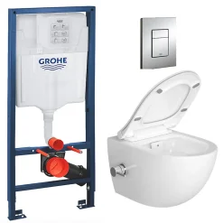 Pack WC Bâti-support Rapid SL + WC sans bride avec fonction bidet thermostatique + Plaque chrome