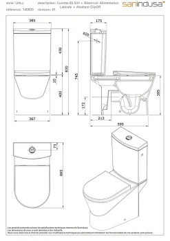 Pack WC cuvette+réservoir+abattant+fixations SANINDUSA UrbY 65 caréné évacuation arrière alim. chasse d'eau par le côté blanc