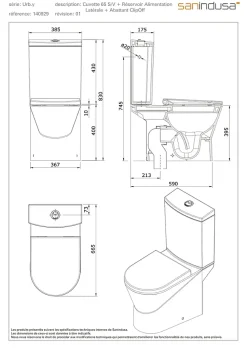 Pack WC cuvette+réservoir+abattant+fixations SANINDUSA UrbY 65 caréné évacuation par dessous alim. chasse par le côté blanc