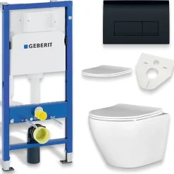 Pack WC GEBERIT Bâti-support Duofix+WC Slim Soft-Close ROLO blanc+tapis d'isolation acoustique+plaque noir