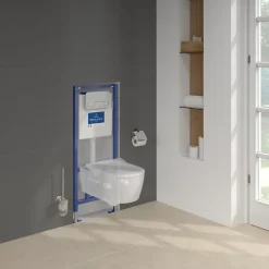 Pack WC sans bride VILLEROY ET BOCH Avento + Bâti support + abattant frein de chute + plaque chromée mat + Tabouret blanc