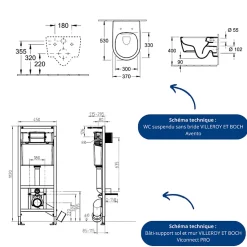 Pack WC sans bride VILLEROY ET BOCH Avento + Bâti support + abattant frein de chute + plaque chromée mat + Tabouret blanc