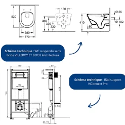 Pack WC sans bride VILLEROY ET BOCH Architectura avec abattant + bâti-support sol et mur Viconnect PRO + plaque chromée brillant