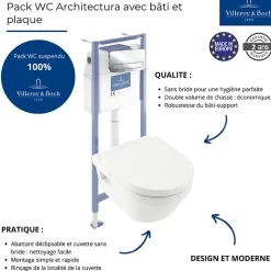 Pack WC sans bride VILLEROY ET BOCH Architectura abattant + bâti-support sol et mur + plaque chromée brillant + Tabouret bois