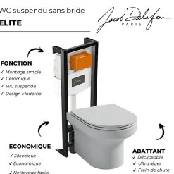 Pack WC suspendu sans bride JACOB DELAFON Elite + bâti-support + plaque Chrome + accessoires