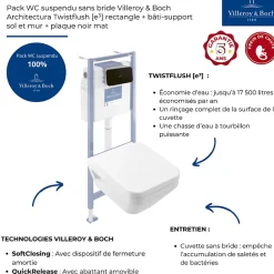 Pack WC suspendu sans bride Villeroy & Boch Architectura Twistflush e3 rectangle + bâti-support sol et mur + plaque noir