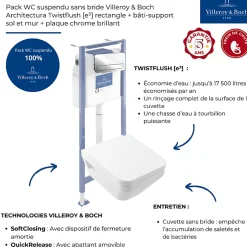 Pack WC suspendu sans bride Villeroy & Boch Architectura Twistflush e3 rectangle+bâti-support sol et mur+plaque chrome brillant