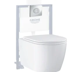 Pack WC suspendu sans bride GROHE Start Round Ceramic + Bati support hauteur réduite universel mur-sol + Plaque carré chromé