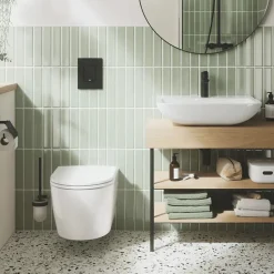 Pack WC suspendu sans bride GROHE Start Round Ceramic + Bati support hauteur réduite universel mur-sol + Plaque carré chromé