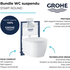 Pack WC suspendu sans bride GROHE Start Round Ceramic + Bati support hauteur réduite universel mur-sol + Plaque carré chromé