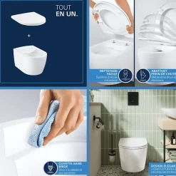 Pack WC suspendu sans bride GROHE Start Round Ceramic + Bati support hauteur réduite universel mur-sol + Plaque carré chromé