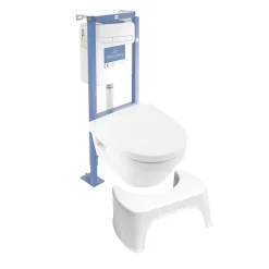 Pack WC suspendu sans bride VILLEROY ET BOCH Architectura Directflush + abattant + plaque blanche + bâti + Tabouret blanc