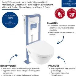 Pack WC suspendu sans bride VILLEROY ET BOCH Architectura Directflush + abattant + plaque blanche + bâti + Tabouret blanc