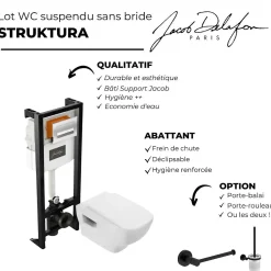 Pack WC suspendu sans bride JACOB DELAFON Struktura+ bâti-support + plaque Noir brillant/Noir mat