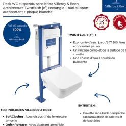 Pack WC suspendu sans bride Villeroy & Boch Architectura Twistflush e3 rectangle + bâti-support ViConnect + plaque blanc