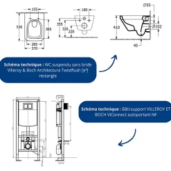 Pack WC suspendu sans bride Villeroy & Boch Architectura Twistflush e3 rectangle + bâti-support ViConnect + plaque blanc