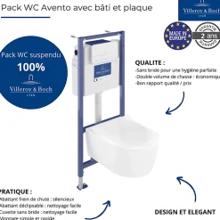 Pack WC suspendu sans bride VILLEROY ET BOCH Avento + Bâti support ViConnect Pro + abattant frein de chute + plaque blanche