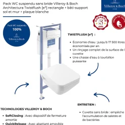 Pack WC suspendu sans bride Villeroy & Boch Architectura Twistflush e3 rectangle + bâti-support sol et mur + plaque blanc