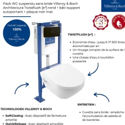 Pack WC suspendu sans bride Villeroy & Boch Architectura Twistflush e3 rond + bâti-support ViConnect + plaque noir