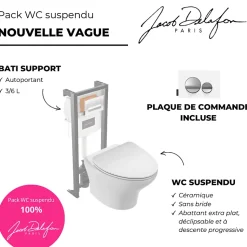Pack WC suspendu sans bride JACOB DELAFON Nouvelle vague + bati support + plaque chromé brillant blanc mat