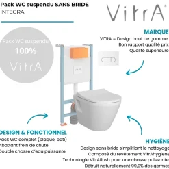 Pack WC suspendu VITRA Integra blanc + bâti mur porteur V-Fix Core + Plaque Round Blanche