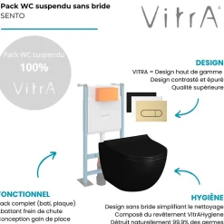 Pack WC suspendu VITRA Sento noir + bâti autoportant V-Fix Core + Plaque Round Noir mat