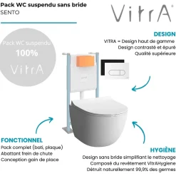 Pack WC suspendu VITRA Sento blanc + bâti autoportant V-Fix Core + Plaque Round Noir mat
