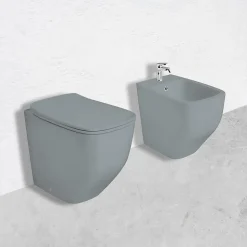 Paire De Bidet Et Wc Encastrés Gris Mat Avec Abattant De Toilette