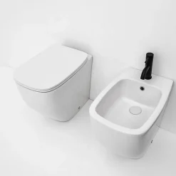 Paire De Bidet Et Wc Sur Pied Blanc Mat Avec Couvercle De Toilette