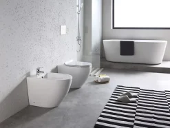 Paire de Sanitaires Bent Rimless - Cuvette + Bidet Mural au Sol Blanc Brillant - Sans Bride, Abattant Soft-Close