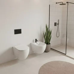 Paire de Sanitaires Suspendus Bent Rim - Cuvette + Bidet Rimless Blanc Brillant - Abattant Soft-Close