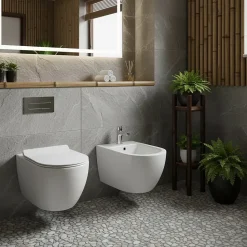 Paire de Sanitaires Suspendus Bent Rim - Cuvette + Bidet Rimless Blanc Brillant - Abattant Soft-Close