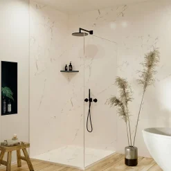 Panneau mural de douche resine effet marbre blanc 250x100 cm Natte d'etancheite periferique integree
