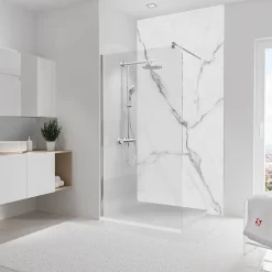 Panneau mural de salle de bain l.125 x H.255 cm, marbre blanc et gris, Schulte DécoDesign