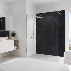 Panneau mural de salle de bain l.150 x H.255 cm, marbre anthracite et or, Schulte DécoDesign