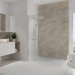 Panneau mural de salle de bains l.100 x H.210 cm, effet pierre taupe sablée, Schulte DécoDesign décor