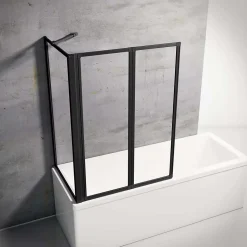 Pare baignoire à coller 2 volets + paroi de retour fixe, 89 x 70 x 120 cm, verre transparent, profilé noir, Schulte