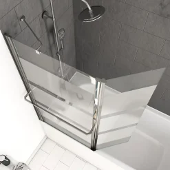 Pare baignoire + volet pivotant 130x105- Profile aluminium chrome et verre transparent bande depolie