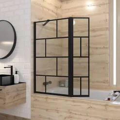 Pare baignoire avec volet pivotant - profile noir mat - 130x104 (HxL) - verre 5mm sérigraphié